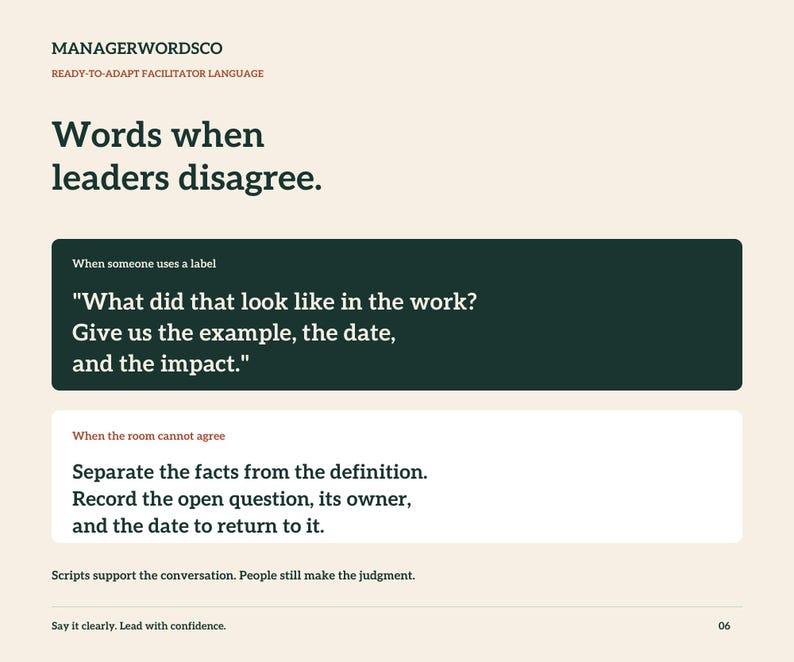 May include: A page titled MANAGERWORDSCO with the heading Words when leaders disagree. It features two text boxes: one dark green with the text What did that look like in the work? Give us the example, the date, and the impact. The second is white with the text Separate the facts from the definition. Record the open question, its owner, and the date to return to it.