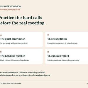 May include: A document titled MANAGERWORDSCO featuring four fictional practice cases labelled A, B, C, and D. The text reads: Practice the hard calls before the real meeting. It includes descriptions for The quiet contributor, The strong finish, The headline number, and The uneven record, plus discussion questions and facilitator reasoning.