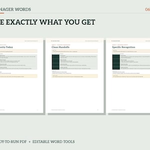 Puede incluir: Tres hojas informativas blancas tituladas Manager Words, que presentan secciones para One Priority Today, Clean Handoffs y Specific Recognition. Cada p&aacute;gina incluye cuadros de texto estructurados con vi&ntilde;etas y encabezados.