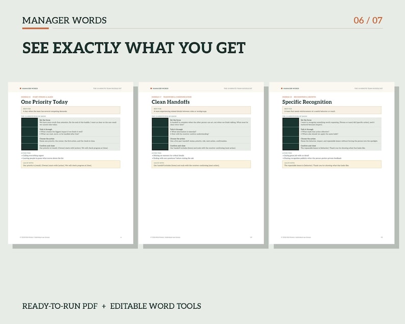 Puede incluir: Tres hojas informativas blancas tituladas Manager Words, que presentan secciones para One Priority Today, Clean Handoffs y Specific Recognition. Cada p&aacute;gina incluye cuadros de texto estructurados con vi&ntilde;etas y encabezados.