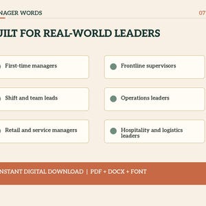 Może przedstawiać: Dokument cyfrowy zatytułowany MANAGER WORDS 07/07, BUILT FOR REAL-WORLD LEADERS. Zawiera listę r&oacute;l: First-time managers, Frontline supervisors, Shift and team leads, Operations leaders, Retail and service managers, Hospitality and logistics leaders. Dolny pasek: INSTANT DIGITAL DOWNLOAD | PDF + DOCX + FONT.