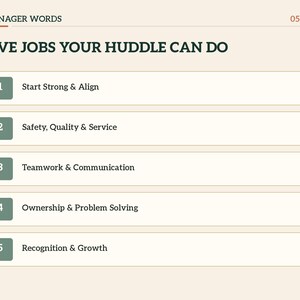 Puede incluir: Un gr&aacute;fico informativo de color claro titulado MANAGER WORDS 05 / 07 y FIVE JOBS YOUR HUDDLE CAN DO. Enumera cinco puntos numerados en cuadros verdes: 1 Start Strong & Align, 2 Safety, Quality & Service, 3 Teamwork & Communication, 4 Ownership & Problem Solving y 5 Recognition & Growth.