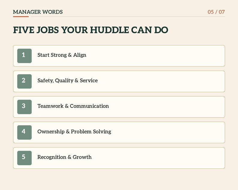 Puede incluir: Un gr&aacute;fico informativo de color claro titulado MANAGER WORDS 05 / 07 y FIVE JOBS YOUR HUDDLE CAN DO. Enumera cinco puntos numerados en cuadros verdes: 1 Start Strong & Align, 2 Safety, Quality & Service, 3 Teamwork & Communication, 4 Ownership & Problem Solving y 5 Recognition & Growth.