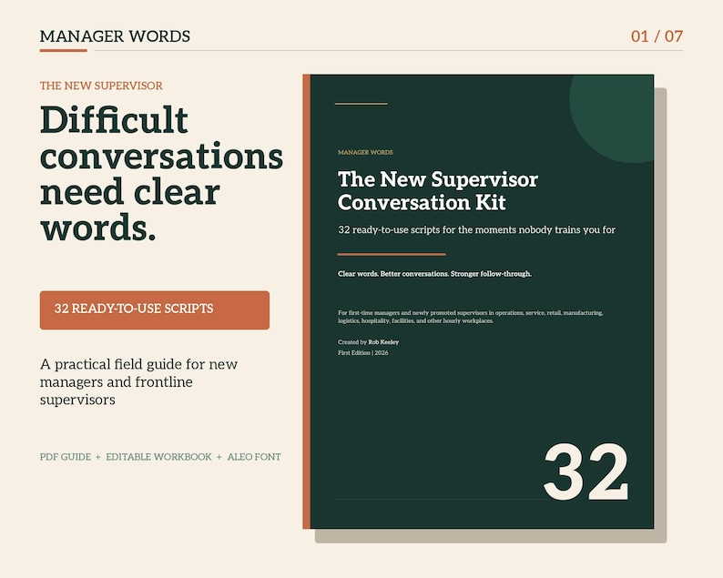May include: A digital guide titled The New Supervisor Conversation Kit with a dark green cover, white text, and orange accents. It features 32 ready-to-use scripts for managers, including a PDF guide, an editable workbook, and the Aleo font file.