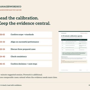 May include: A document titled ManagerWordsCo featuring a 45-minute calibration agenda. It lists time blocks from 00-45 minutes for tasks like confirming scope, aligning on performance, discussing three cases, checking consistency, and confirming next steps.