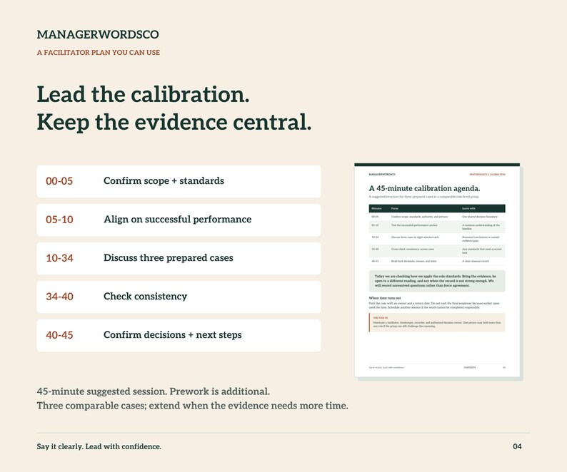 May include: A document titled ManagerWordsCo featuring a 45-minute calibration agenda. It lists time blocks from 00-45 minutes for tasks like confirming scope, aligning on performance, discussing three cases, checking consistency, and confirming next steps.