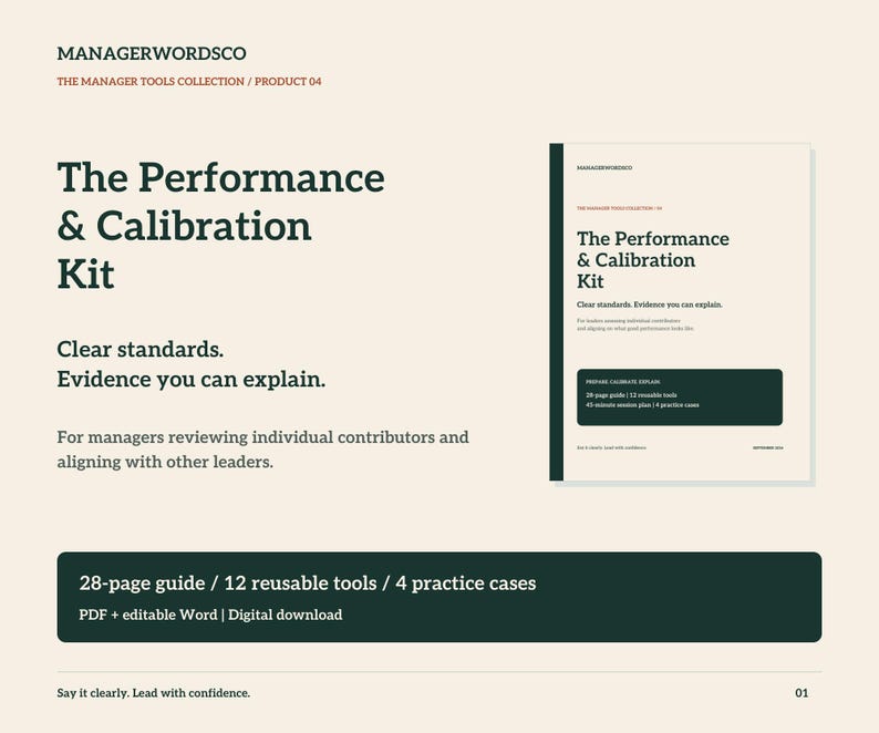 May include: The Performance & Calibration Kit by MANAGERWORDSCO is a digital document set featuring a 28-page guide, 12 reusable tools, and 4 practice cases. The text includes Clear standards. Evidence you can explain. PDF and editable Word formats.