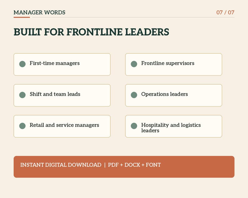 Puede incluir: Un documento digital titulado MANAGER WORDS 07/07 y BUILT FOR FRONTLINE LEADERS. Enumera seis roles: First-time managers, Frontline supervisors, Shift and team leads, Operations leaders, Retail and service managers y Hospitality and logistics leaders. Incluye INSTANT DIGITAL DOWNLOAD | PDF + DOCX + FONT.