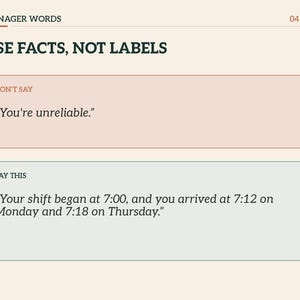 Może przedstawiać: Karta graficzna zatytułowana MANAGER WORDS 04/07 z nagł&oacute;wkiem USE FACTS, NOT LABELS. Zawiera dwa pola: r&oacute;żowe z etykietą DON'T SAY i tekstem You're unreliable oraz zielone z etykietą SAY THIS i tekstem Your shift began at 7:00, and you arrived at 7:12 on Monday and 7:18 on Thursday.