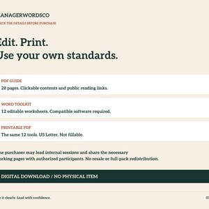 May include: A digital product information sheet with a cream background and dark green text. It features the headings MANAGERWORDSCO, Edit. Print. Use your own standards., and details for a PDF guide, word toolkit, and printable PDF, plus a digital download notice.