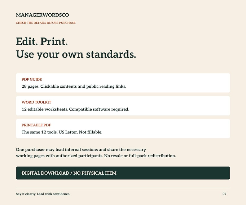 May include: A digital product information sheet with a cream background and dark green text. It features the headings MANAGERWORDSCO, Edit. Print. Use your own standards., and details for a PDF guide, word toolkit, and printable PDF, plus a digital download notice.