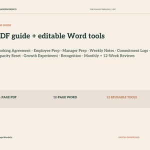 May include: A digital download kit titled The Follow-Through 1:1 Kit by ManagerWordsCo. It includes a 21-page PDF guide and 12-page editable Word tools featuring a Working Agreement, Employee Prep, Manager Prep, Weekly Notes, and 12-week reviews.