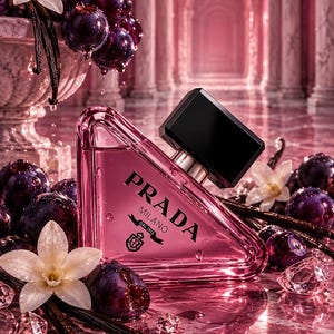 May include: A triangular glass perfume bottle filled with pink liquid, featuring the black Prada Milano logo. The bottle is surrounded by dark purple grapes, white vanilla flowers, dark vanilla beans, and clear crystals in a pink setting.