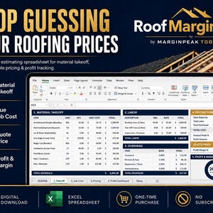 Puede incluir: Hoja de cálculo de Excel Roof Margin Pro para estimación de techado, medición de materiales, costos laborales, precios de cotización y seguimiento de ganancias. La interfaz digital muestra columnas para artículos, unidades, cantidades y costos.