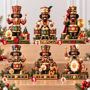 Cascanueces de madera con baterista navideño, decoración de tambor de soldado de juguete, figura vintage de banda navideña, adorno de mesa, regalo para amantes de la música.