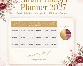 Smart Budget Planner 2027 Excel Monthly Budget Tracker Spreadsheet