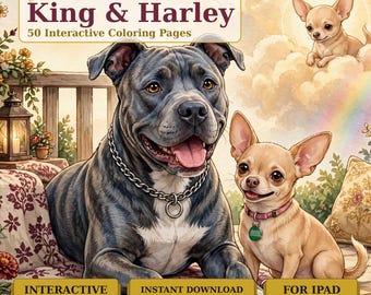 De avonturen van King & Harley, interactief kleurboek voor iPad, 50 kleurplaten om in te kleuren, pitbull en chihuahua, direct te downloaden