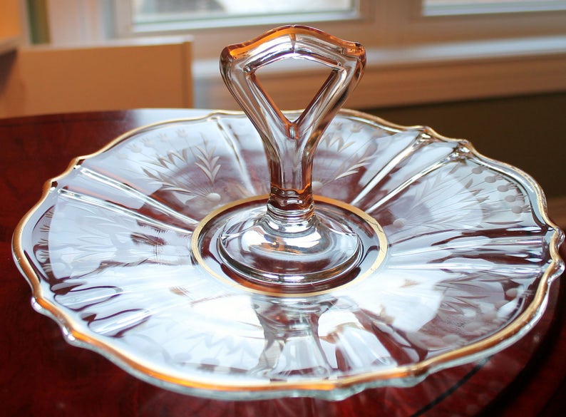 Line 15310 Tiffin Glass Dessert Cake Sandwich Tea Tray Center Handle Server