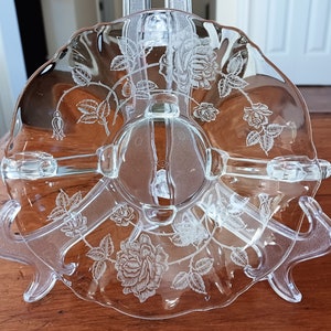 Signed Heisey Glass Footed Jam / Jelly Dish Decorated with the Rose Etch