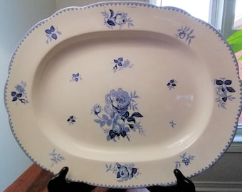 Große antike Servierplatte „Booths“, englisches Rosenporzellan | Blaues Blumenporzellan | Erster Weltkrieg, signiertes Tablett (38 cm)