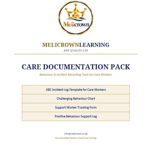 May include: A white document titled CARE DOCUMENTATION PACK with the Melicrown logo at the top. It lists ABC Incident Log Template, Challenging Behaviour Chart, Support Worker Tracking Form, and Positive Behaviour Support Log for care workers.