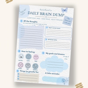 May include: A Daily Brain Dump planner page with blue accents, featuring sections for thoughts, tasks, dates, feelings with emoji icons, goals, and gratitude. The text includes ResetRestCo, Daily Brain Dump, and various prompts for daily organization.