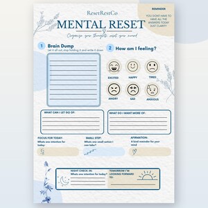 Peut inclure: Une page de planificateur Mental Reset avec un schéma de couleurs bleu et beige. Elle comprend des sections pour un brain dump, un suivi de l'humeur avec six icônes, des intentions quotidiennes, des affirmations et un bilan du soir.