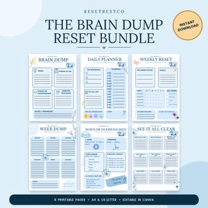 Könnte beinhalten: Ein digitales Planer-Set mit dem Titel The Brain Dump Reset Bundle, bestehend aus sechs druckbaren Seiten, darunter ein Brain Dump, ein Tagesplaner, ein wöchentlicher Reset, ein Wochen-Dump, ein Leitfaden bei Überforderung und ein Blatt für mehr Klarheit.