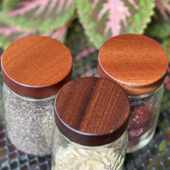 Set of 4 Wood Mason Jar Tops, Four Wood Canning Jar Lids, Wood Jar Tops,  Kitchen Storage, Hostess Gift, 