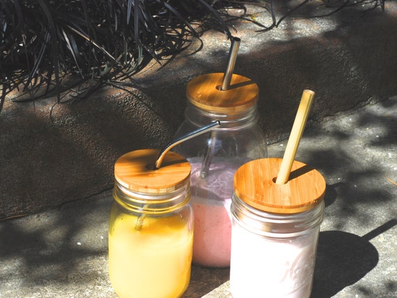 Mason Jar Lids with Straw Hole ECO Reusable Bamboo Wide Mouth Mason Jar Lids with 2 Reusable Silicone Straw
