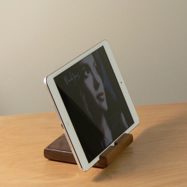 Acoustic Stand for iPad mini in Walnut. Portrait and Landcape viewing.