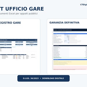 May include: A digital kit for public tenders featuring two Excel tools titled KIT UFFICIO GARE, 2 strumenti Excel per appalti pubblici. It includes a REGISTRO GARE dashboard and a GARANZIA DEFINITIVA calculator, marked with D.LGS. 36/2023.