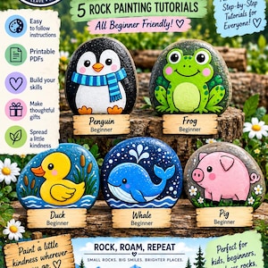 May include: A collection of five painted rocks featuring a penguin, frog, duck, whale, and pig. The image includes text titled Critter's Collection, 5 Rock Painting Tutorials, and Rock, Roam, Repeat, along with lists of features and instructions.