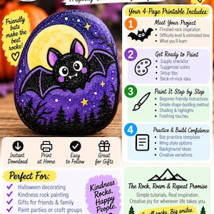 May include: A digital printable guide for a Moonlight Bat rock painting project. The image features a painted rock with a bat against a yellow moon and purple night sky, alongside a four-page list of instructions, icons, and text details.