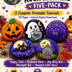 May include: A digital download for Halloween rock painting featuring five tutorials. The image displays five painted rocks: a pumpkin, a ghost with a tombstone, a spider with a web, a bat, and a house. Text includes "Halloween Rock Painting Five-Pack".