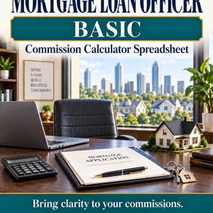May include: A digital product advertisement for a Mortgage Loan Officer Basic Commission Calculator Spreadsheet. The image features a desk with a laptop, calculator, a document labeled Mortgage Application, a pen, and a house model.
