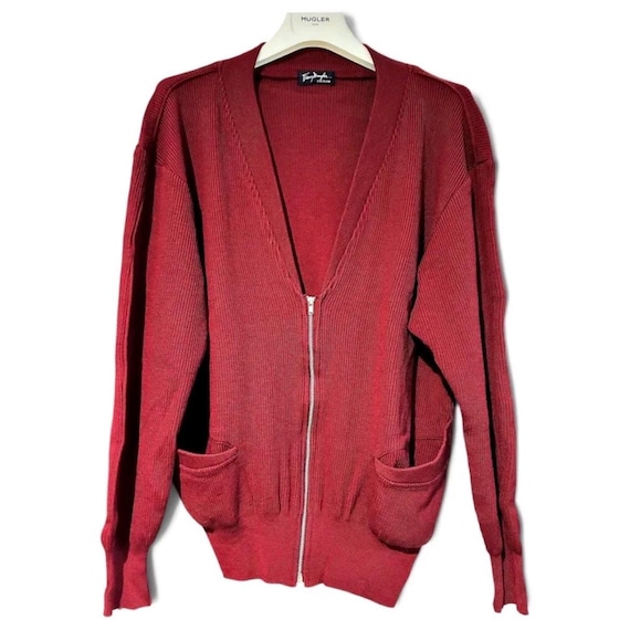 Mugler, Thierry Mugler Edition ribbed knit cardigan in a rich burgundy red colorway.