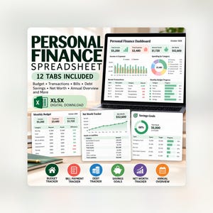 May include: A digital personal finance spreadsheet template for Excel, featuring a laptop displaying a dashboard with charts, tables, and graphs for budget, net worth, and savings goals. Includes text labels for 12 tabs and XLSX download.