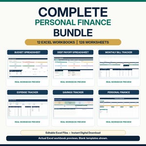 Puede incluir: Un paquete digital titulado COMPLETE PERSONAL FINANCE BUNDLE con 12 libros de trabajo de Excel y 128 hojas de cálculo. Muestra seis vistas previas de hojas de cálculo financieras que incluyen presupuesto, pago de deudas, seguimiento de facturas y ahorros.