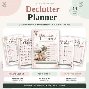 May include: A digital declutter planner with 11 pages, featuring a 30-day challenge, room-by-room lists, and a habit tracker. The pages include a master checklist, donation, sale, and recycle trackers, available in US letter and A4 sizes.