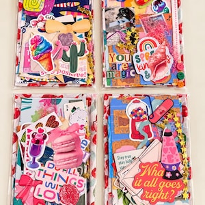 May include: Four clear plastic pouches filled with assorted paper ephemera, stickers, and die-cut shapes. Items include images of snails, ice cream, cacti, rainbows, seashells, macarons, gumball machines, lava lamps, and text phrases like "You are magic" and "What if it all goes right?"