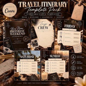Peut inclure: Un pack de modèles d'itinéraire de voyage numérique comprenant cinq designs Canva modifiables. Les mises en page incluent du texte comme Birthday Weekend, Trip Crew, Friday, Saturday et Sunday Itinerary, avec des icônes de voyage et de repas.