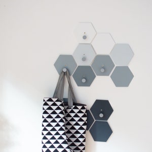 Monochrome Nursery Wall Hooks Set, Hexagon wall decor Gray ombre