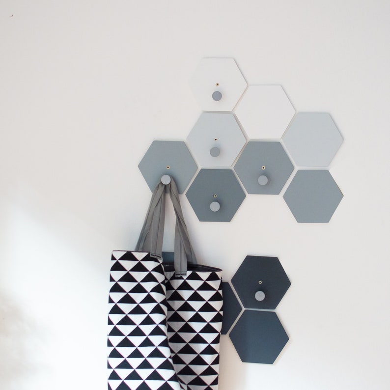 Monochrome Nursery Wall Hooks Set, Hexagon wall decor Gray ombre