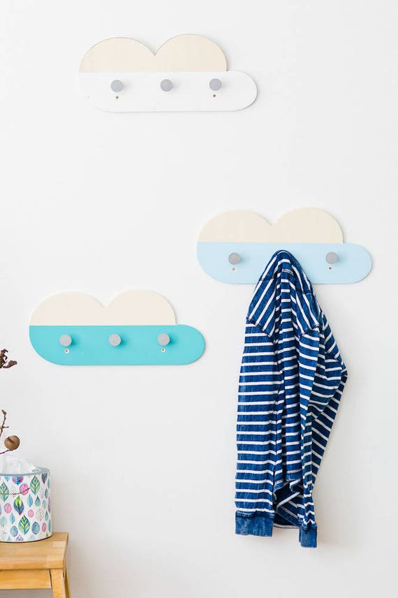 Perchero infantil. Ganchos de pared en forma de nube azul. Almacenamiento  de ropa para dormitorio infantil. -  México