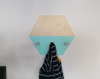 Hexagonal shaped wooden wall hooks. Turquoise Modern Boys coat hook board. Personalization optional.