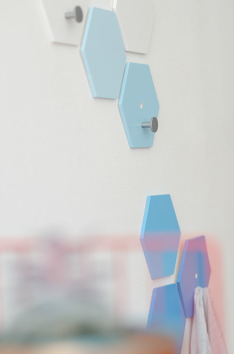 Monochrome Nursery Wall Hooks Set, Hexagon wall decor Blue ombre