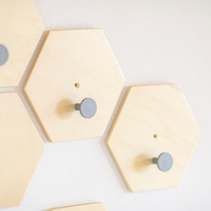 Monochrome Nursery Wall Hooks Set, Hexagon wall decor Natural wood