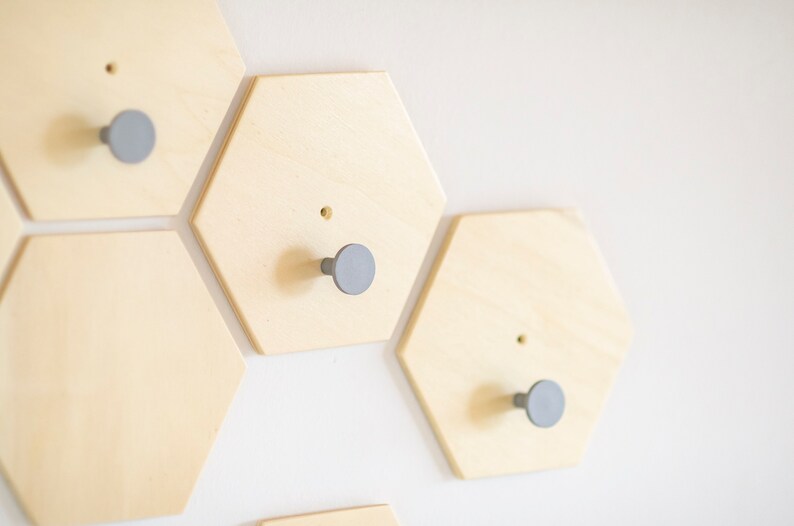 Monochrome Nursery Wall Hooks Set, Hexagon wall decor Natural wood
