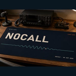 May include: A rectangular dark blue desk mat featuring the large white text NOCALL, a light blue horizontal waveform graphic, and smaller text including FIRST SIGNAL, FIRST QSO, K0TEST, and the date 05 SEP 2026 printed in white and red.